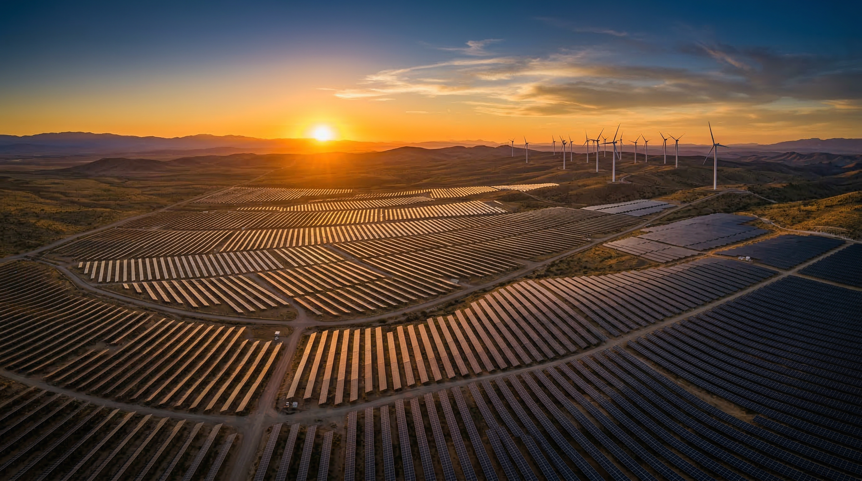 Aerial view of solar farm and wind turbines at golden hour