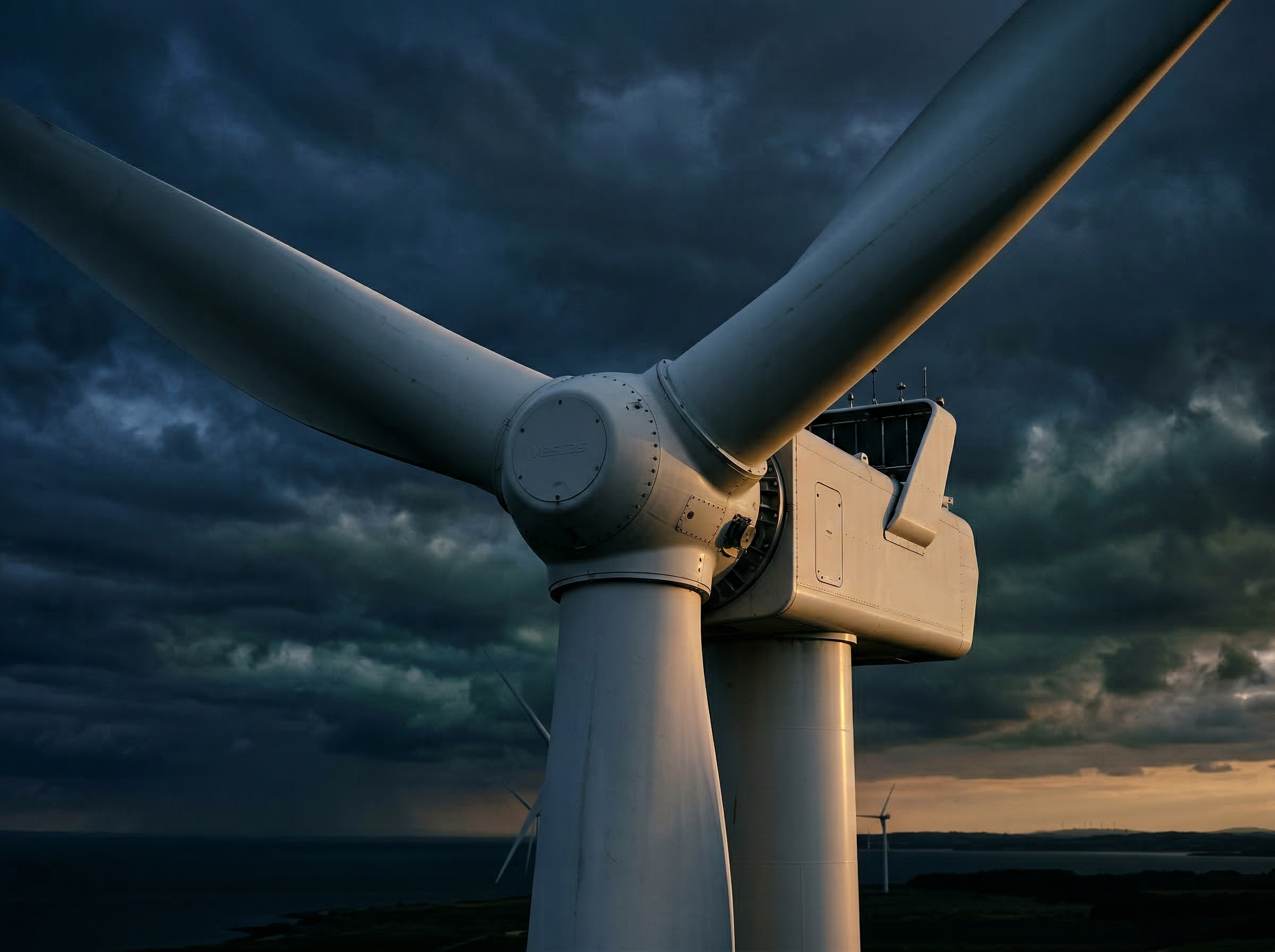 Wind turbine close-up at dusk, energy transition research